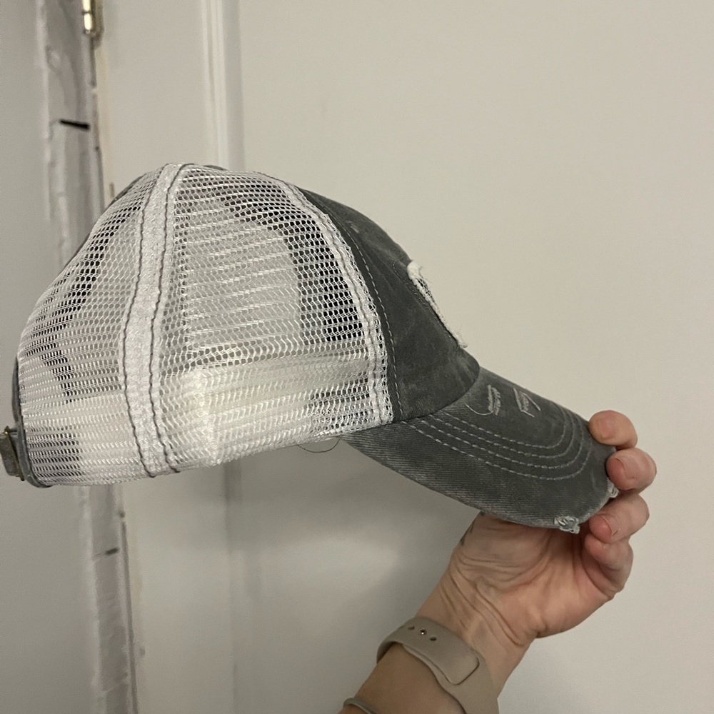 New without tags Ballcap Gray Distressed American Flag Patch with bun hole - Picture 9 of 12